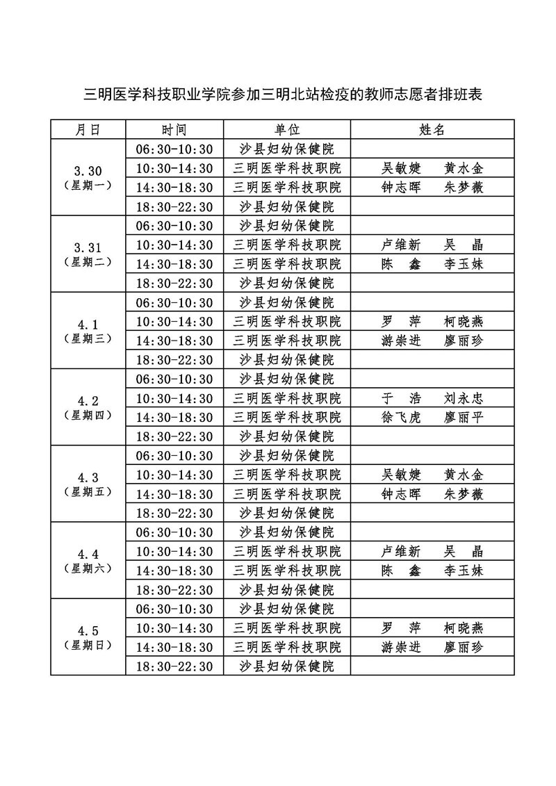 （3.30-4.5）医护学院参加三明北站检疫的教师志愿者排班表 .jpg